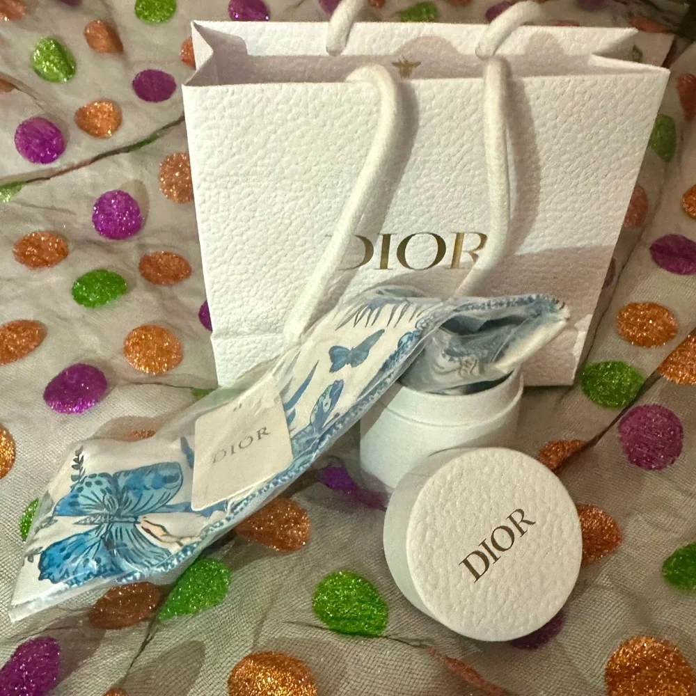 Christian Dior Blue Floral Butterfly Twilly Scarf with White Gift Box and Bag